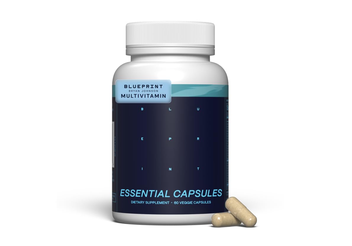 Blueprint Bryan Johnson frasco frontal mostrando etiqueta clara y beneficios