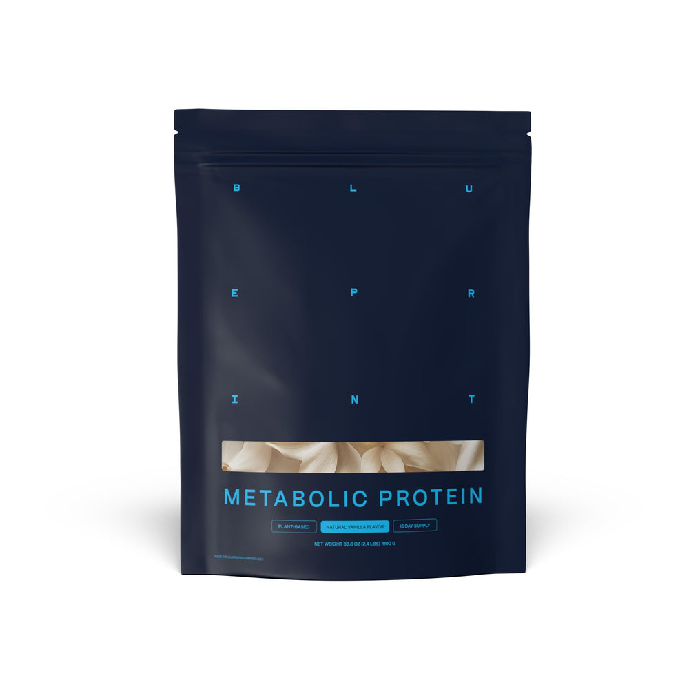 Blueprint Bryan Johnson envase frontal mostrando sabor vainilla y servicio fácil