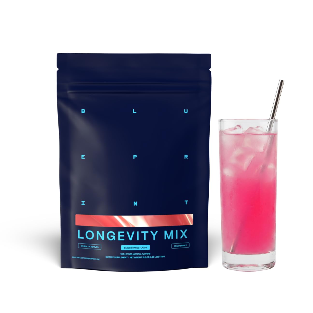 Blueprint Bryan Johnson bote frontal mostrando la marca y beneficio de soporte nutricional