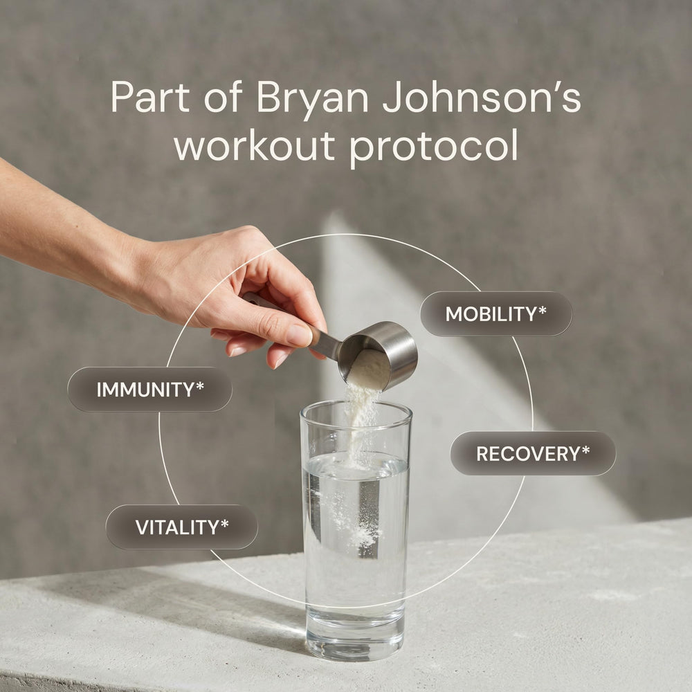 Blueprint Bryan Johnson cucharada medidora con 20g de colágeno por porción