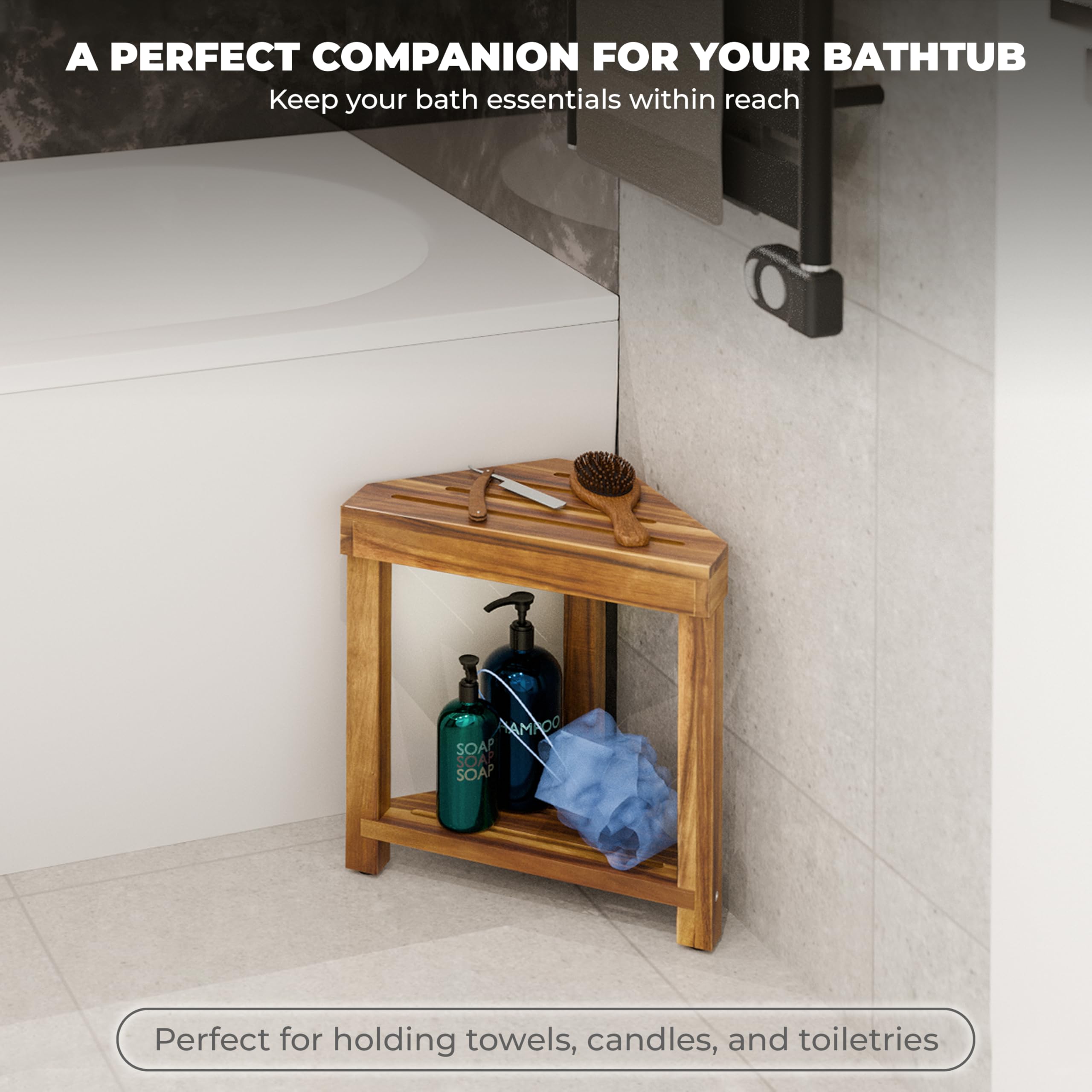 BLUEWEST taburete en ambiente de baño aporta calidez y organización