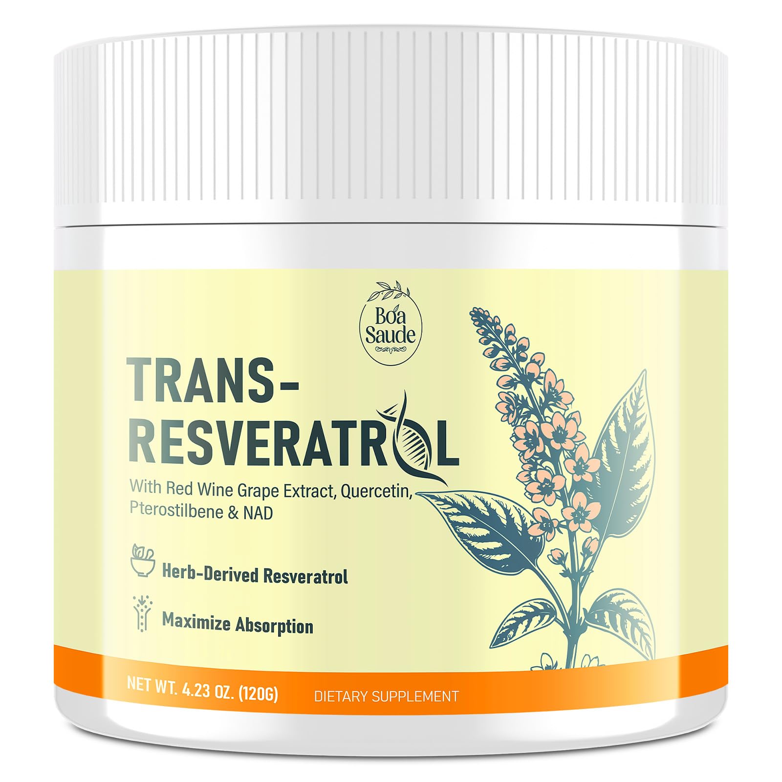 Envase de BoaSaude Trans-Resveratrol mostrando diseño y cantidad de 30 porciones