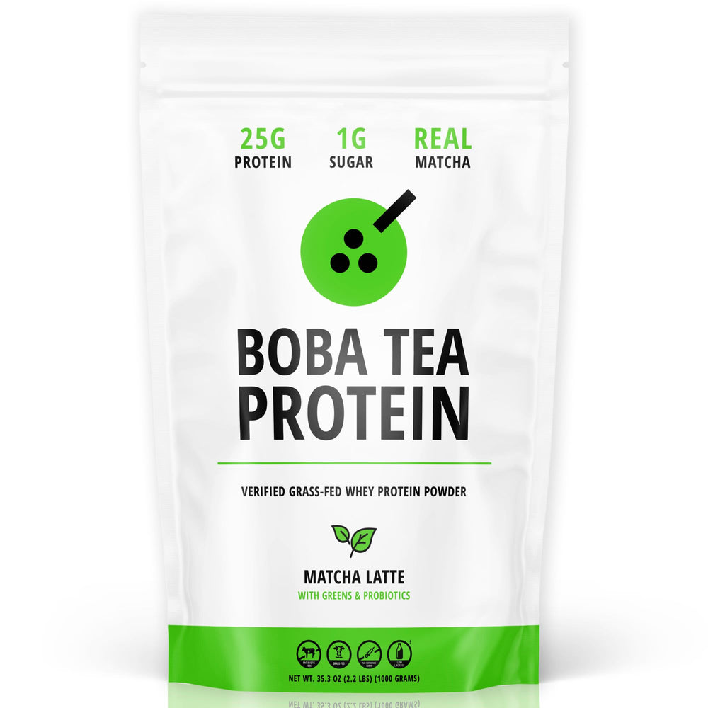 Boba Tea Protein frasco frontal mostrando diseño y beneficios
