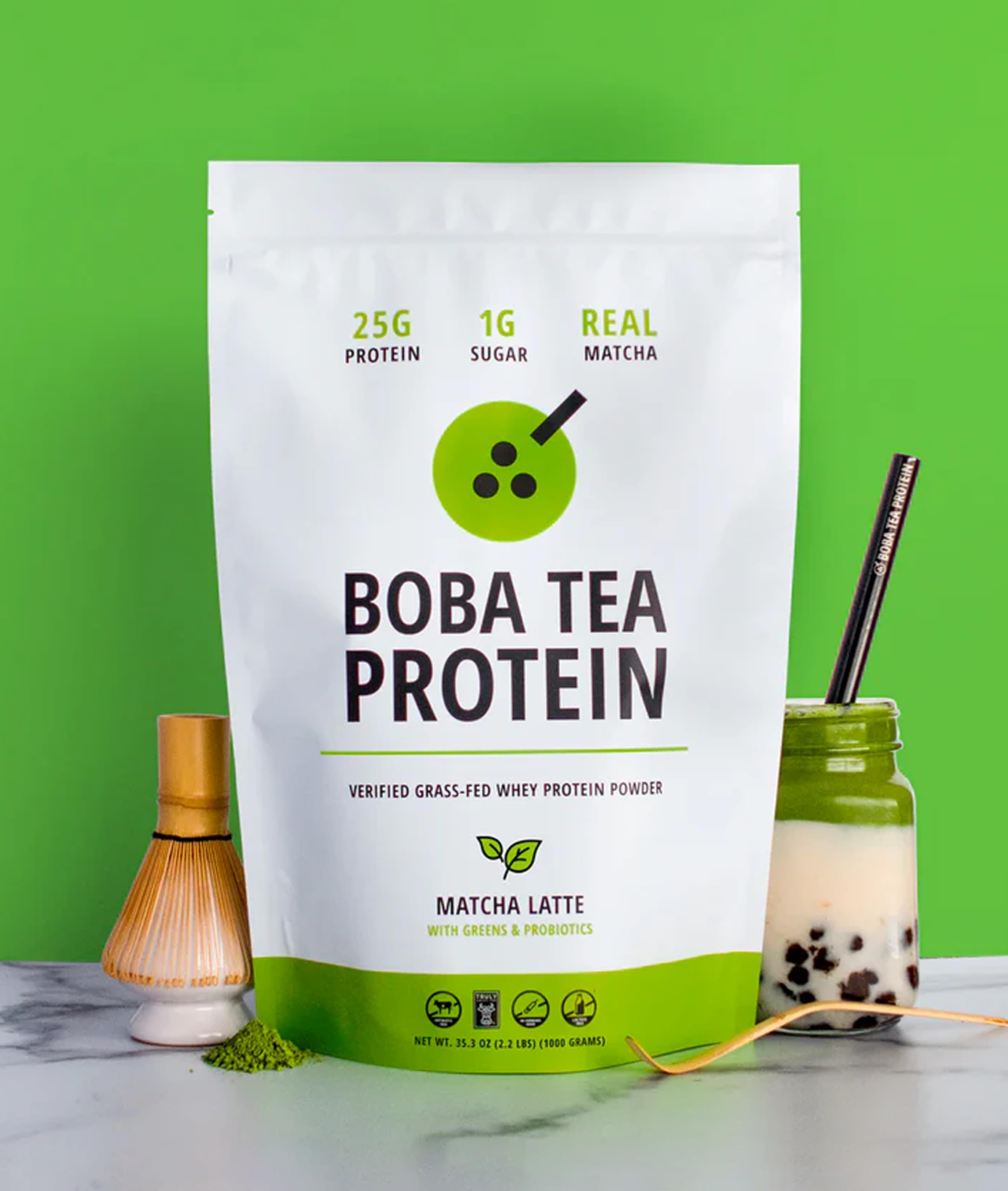 Polvo matcha de Boba Tea Protein textura fina y color vibrante