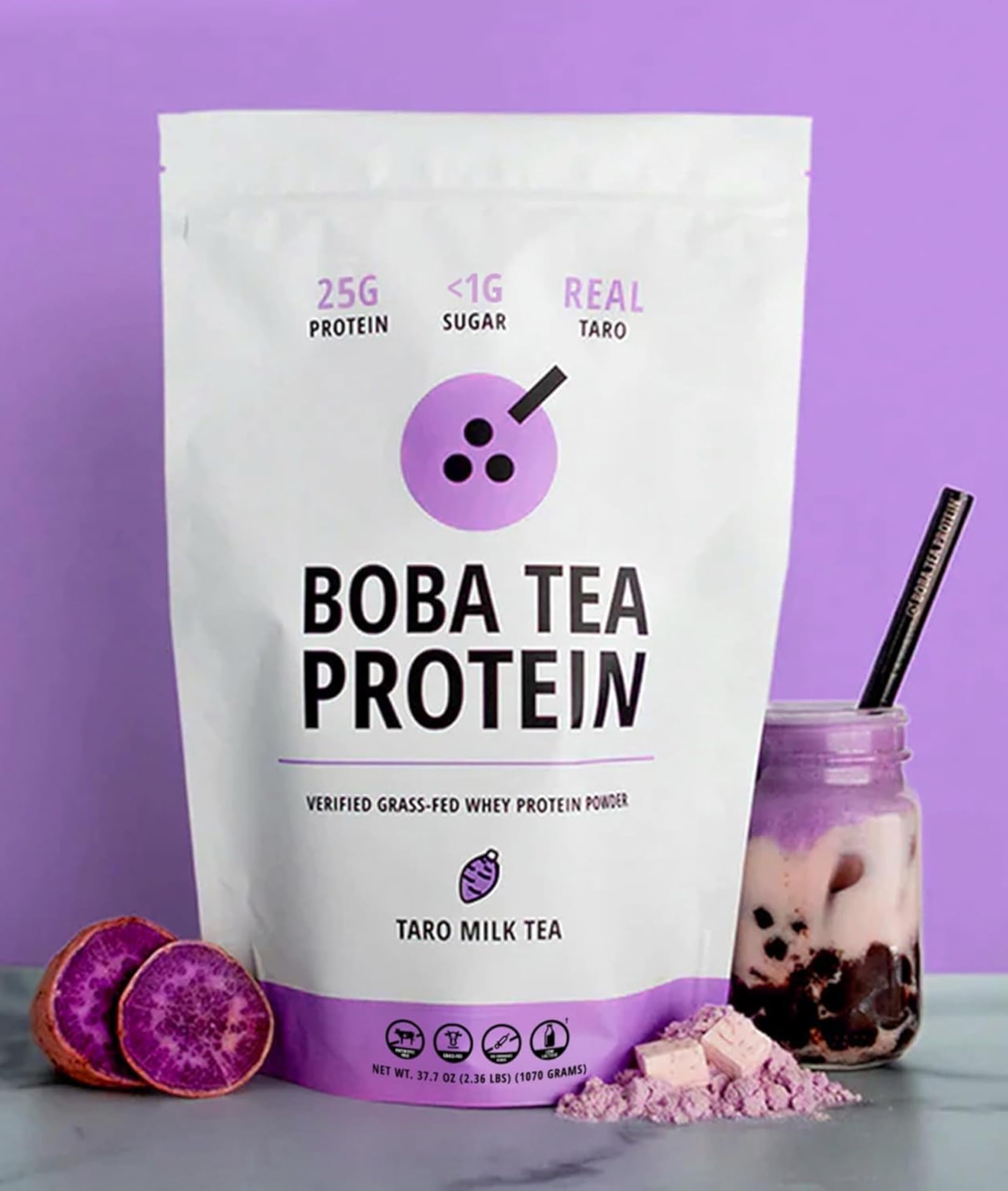 Boba Tea Protein polvo cercano mostrando textura fina y mezcla real