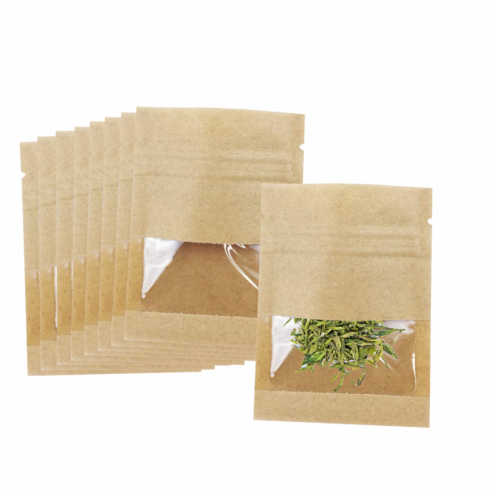 BOBECI frontal del paquete de 100 bolsas kraft con ventana mostrando cantidad y formato