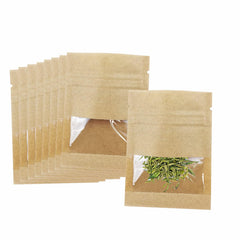 BOBECI frontal del paquete de 100 bolsas kraft con ventana mostrando cantidad y formato