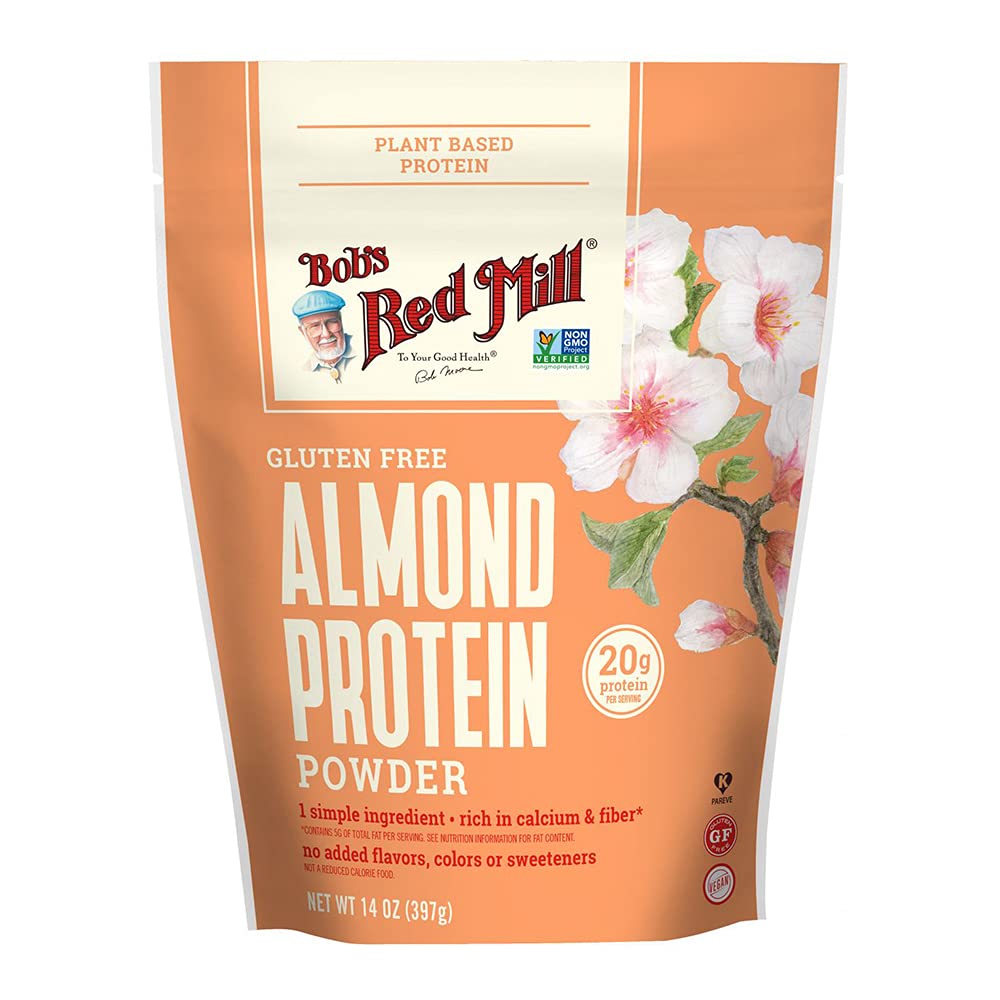 Bob's Red Mill envase frontal de proteína de almendra, etiquetado claro y beneficios