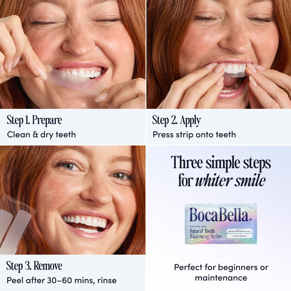 Boca Bella persona usando tiras en rutina diaria para sonrisa confidente