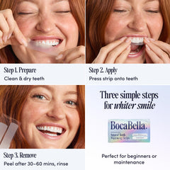 Boca Bella persona usando tiras en rutina diaria para sonrisa confidente