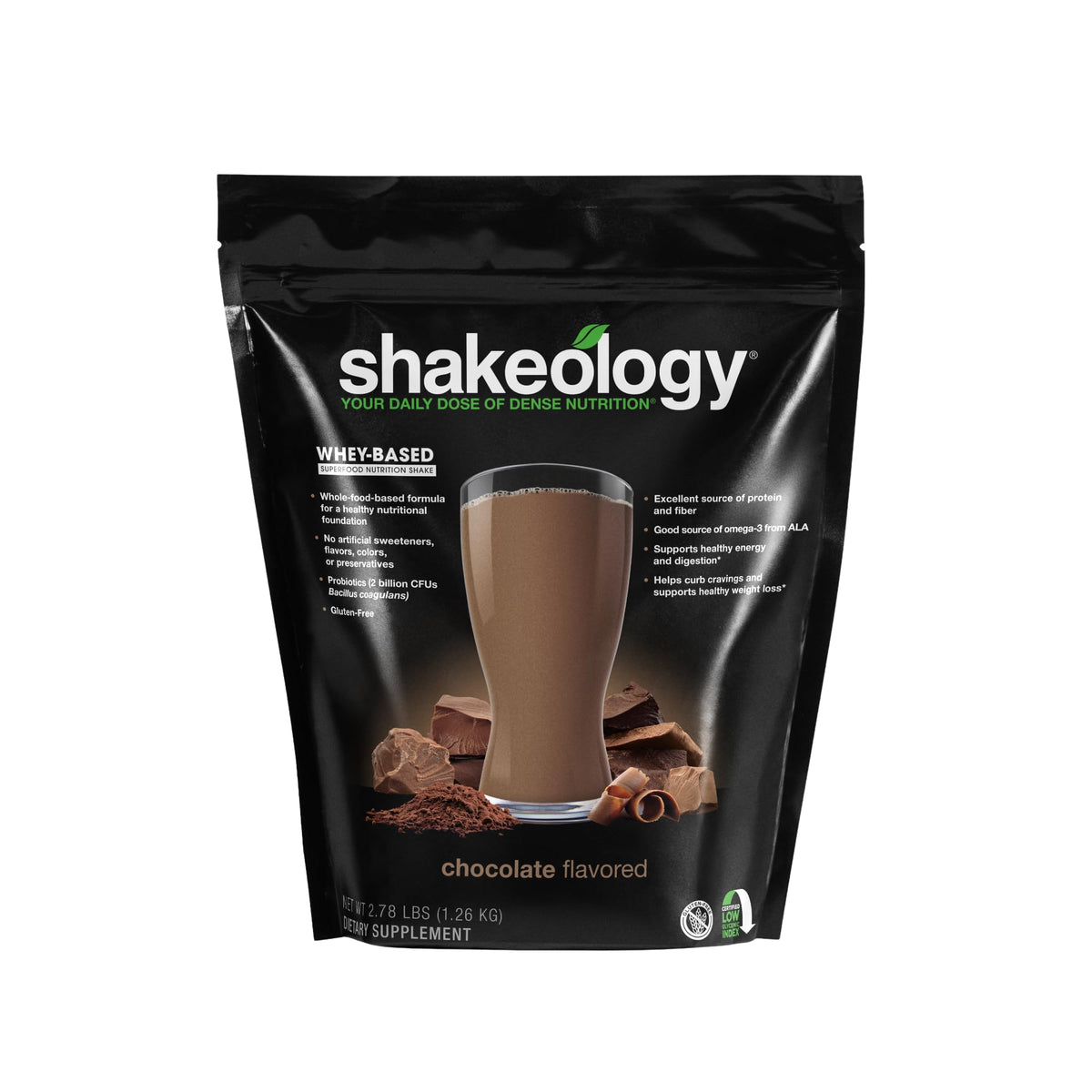 BODi envase frontal de Shakeology Chocolate mostrando raciones y etiqueta, conveniencia