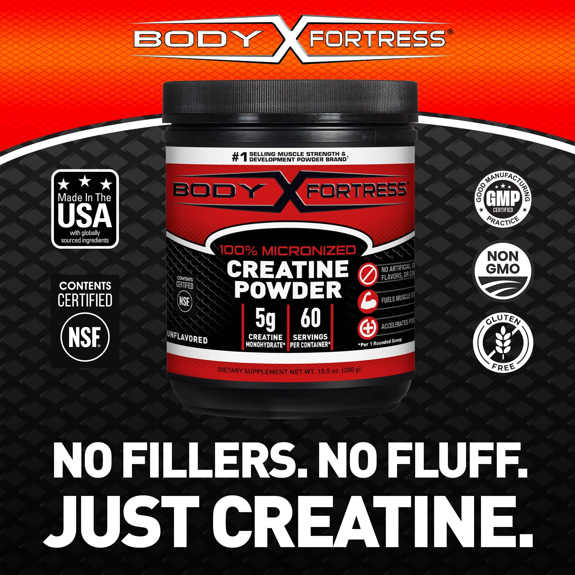 Body Fortress etiqueta nutricional mostrando pureza y dosis por scoop