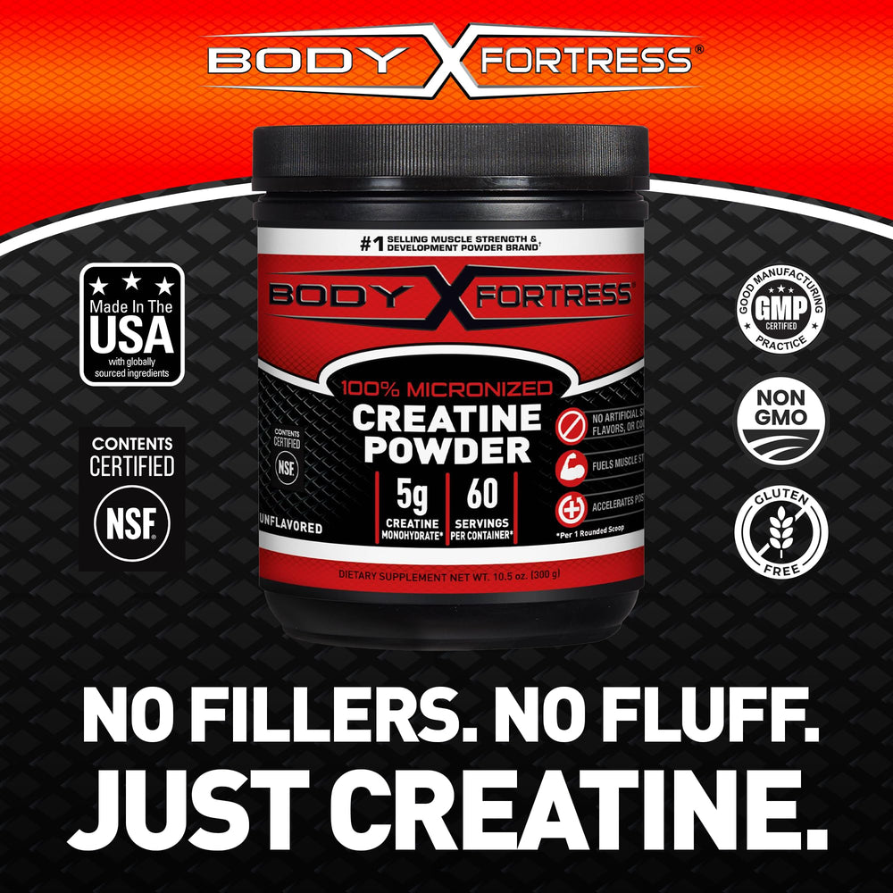 Body Fortress etiqueta nutricional mostrando pureza y dosis por scoop