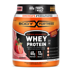 Body Fortress envase frontal fresa mostrando etiqueta y beneficio proteico