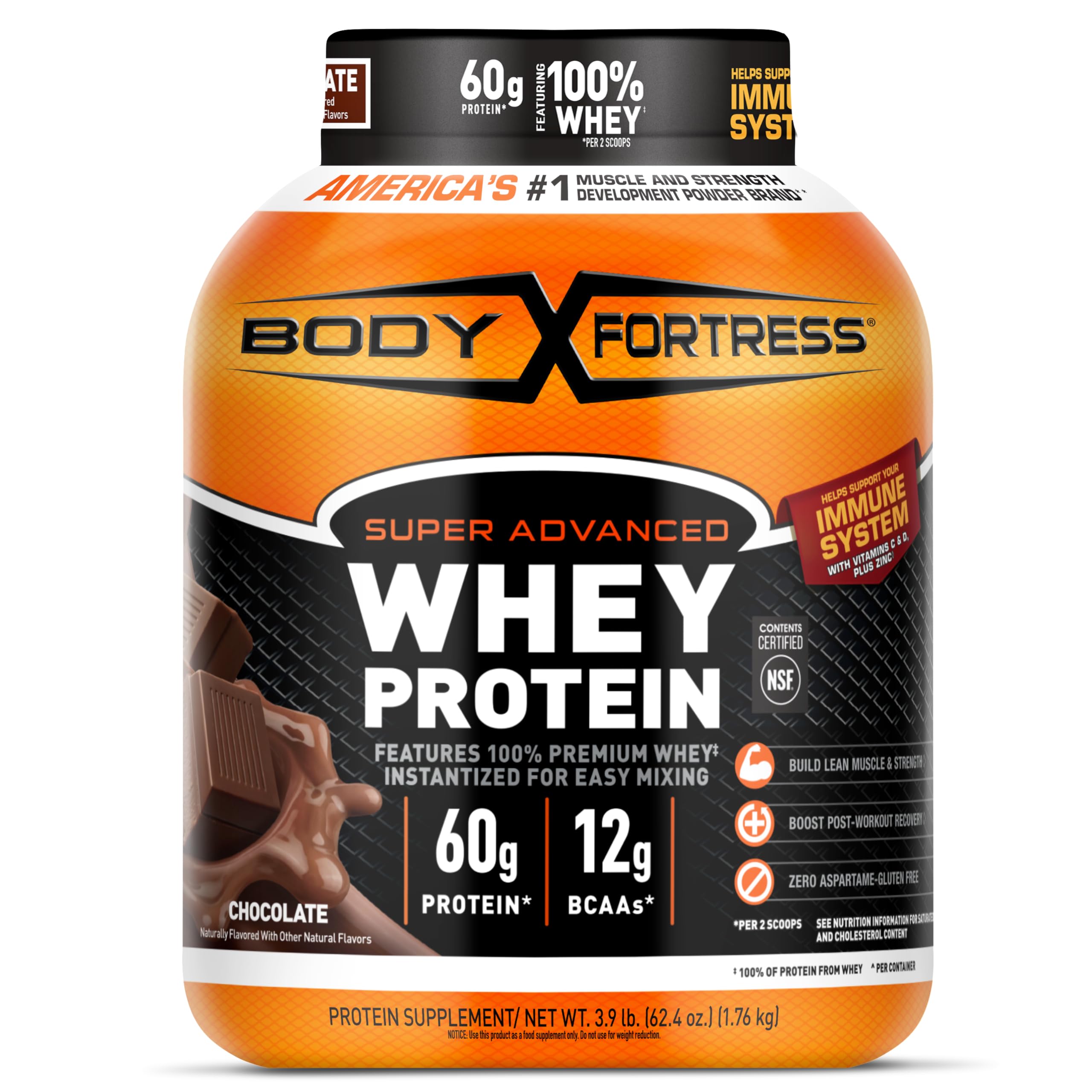 Body Fortress envase frontal mostrando tamaño y sabor chocolate, beneficio claridad de información