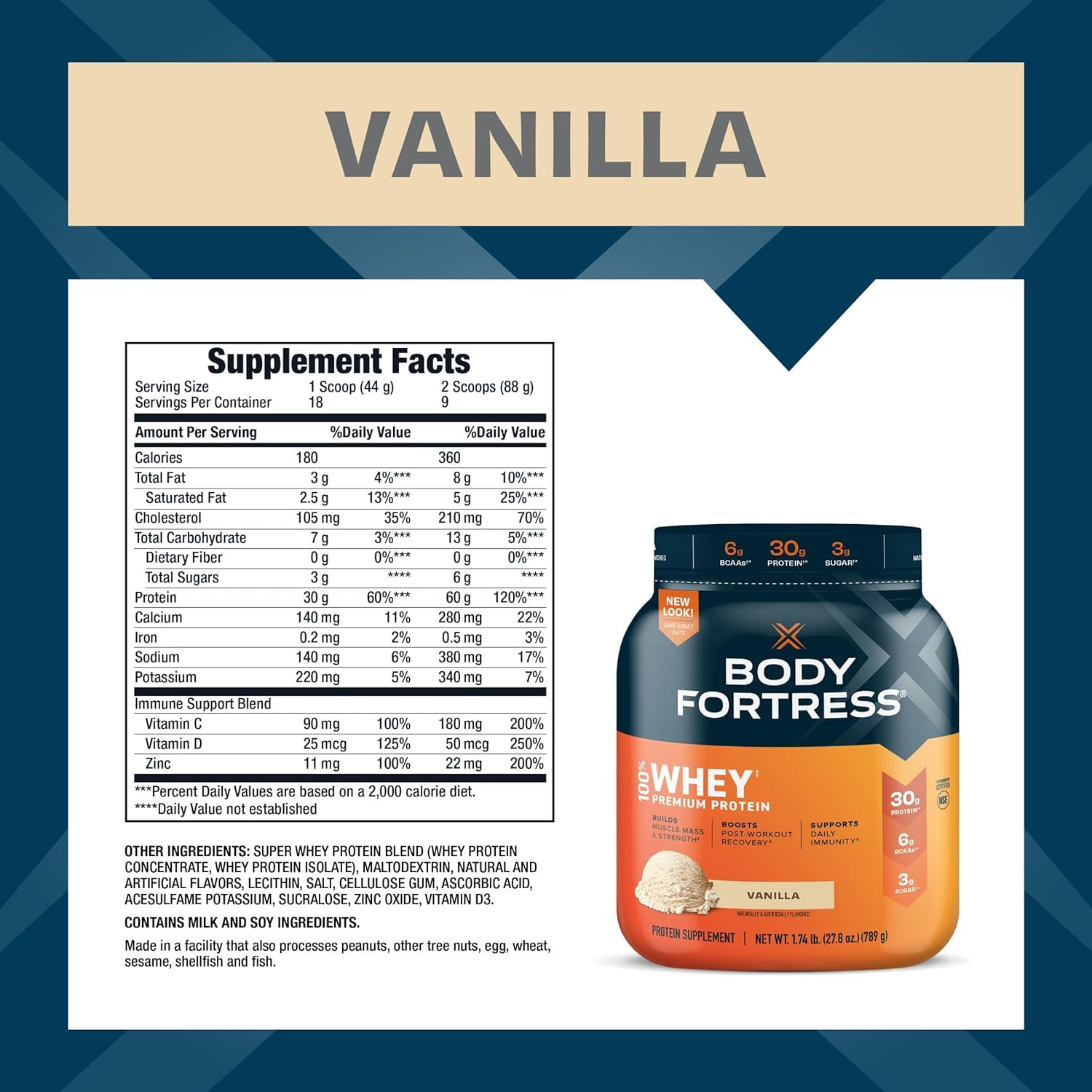 Vaso con batido Body Fortress vainilla listo para beber, práctico para recuperación inmediata