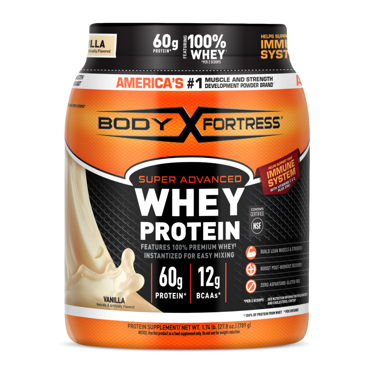 Body Fortress envase frontal mostrando etiqueta y sabor vainilla, ideal para elegir producto