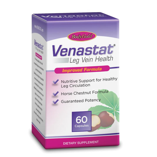 Body Gold Venastat bottle closeup highlighting leg vein support in the label