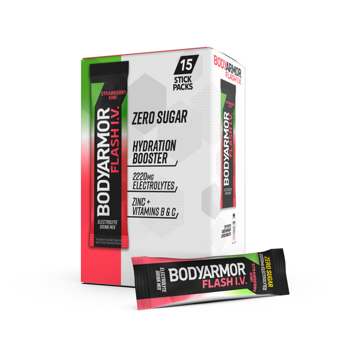 BODYARMOR frente del paquete mostrando sobres y sabor fresa kiwi