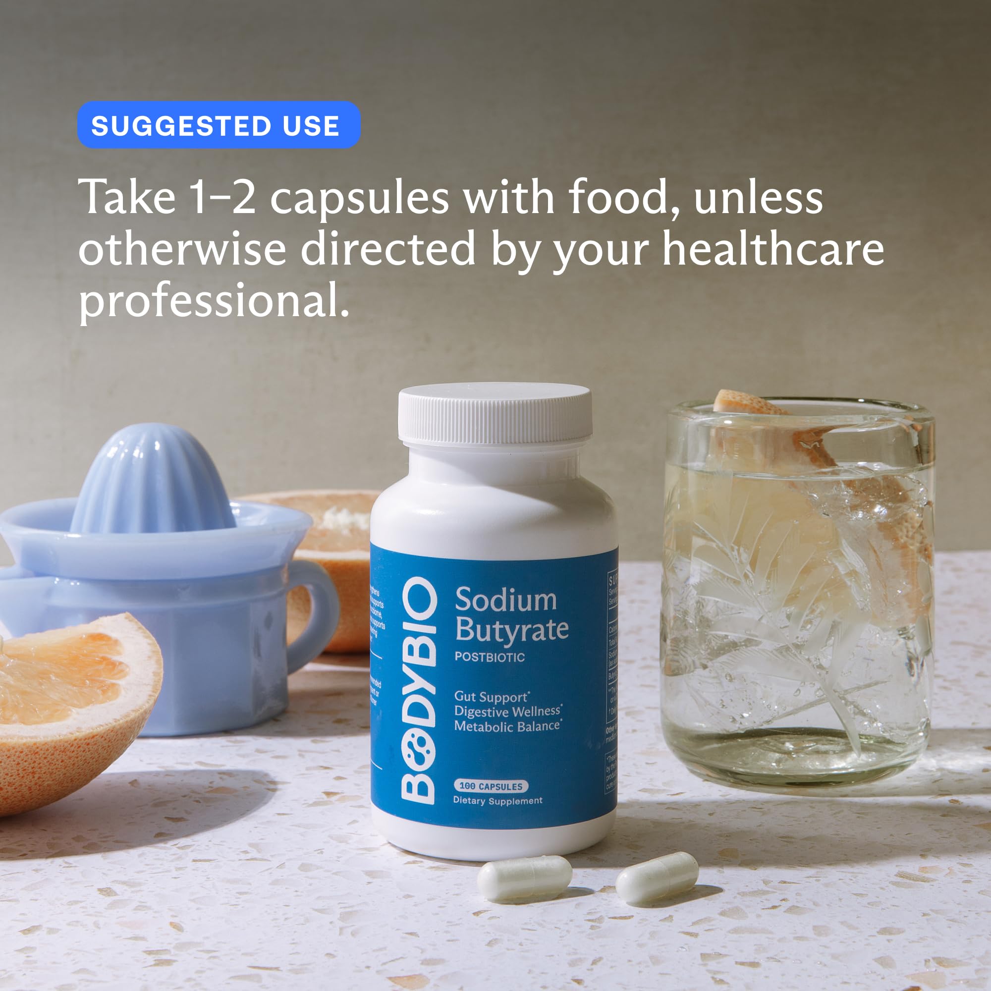 BodyBio suplemento junto a desayuno saludable, apoyo a la digestión