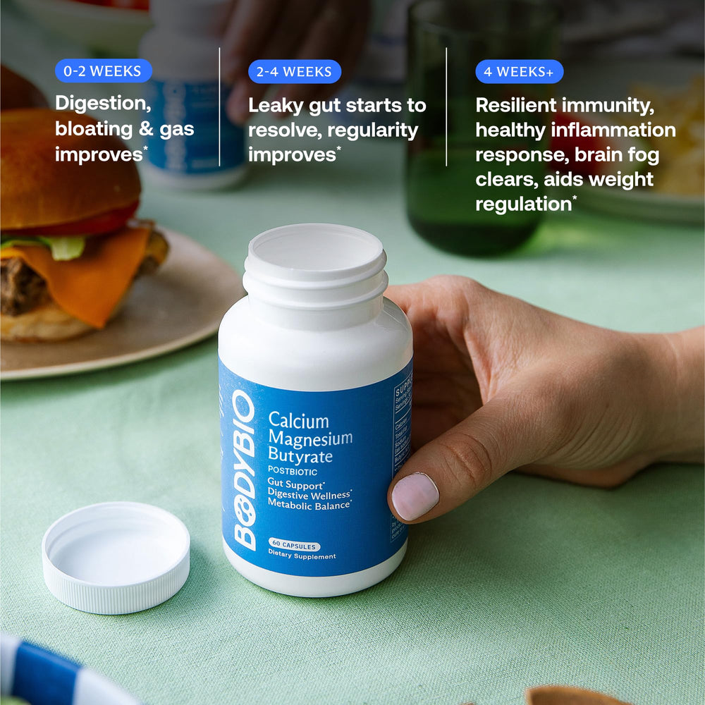BodyBio cápsulas junto a alimentos para digestión indicando uso práctico