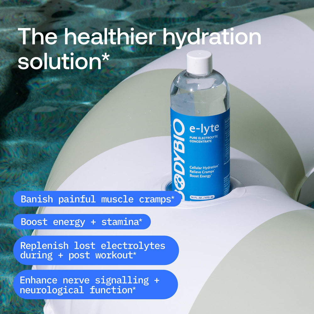 BodyBio e-Lyte comparación de tamaño con mano para referencia de porción