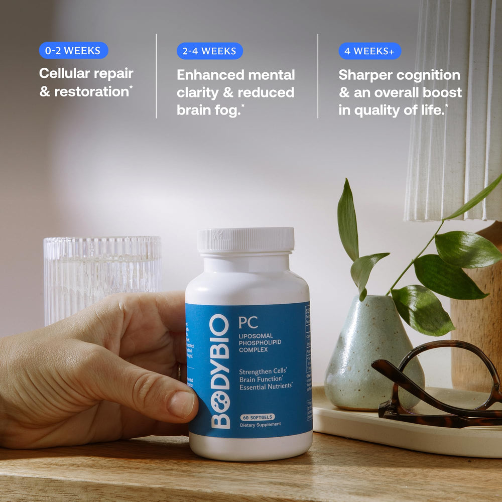 Etiqueta informativa BodyBio PC mostrando ingredientes y control de calidad