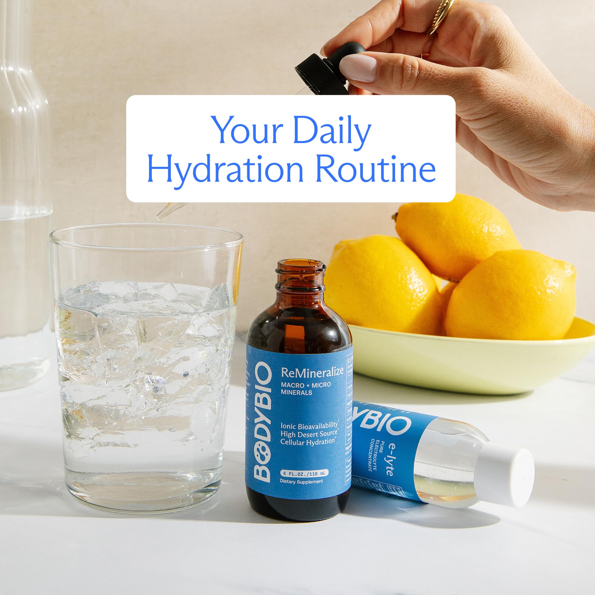 BodyBio ReMineralize botella sobre superficie natural sugiere origen protegido