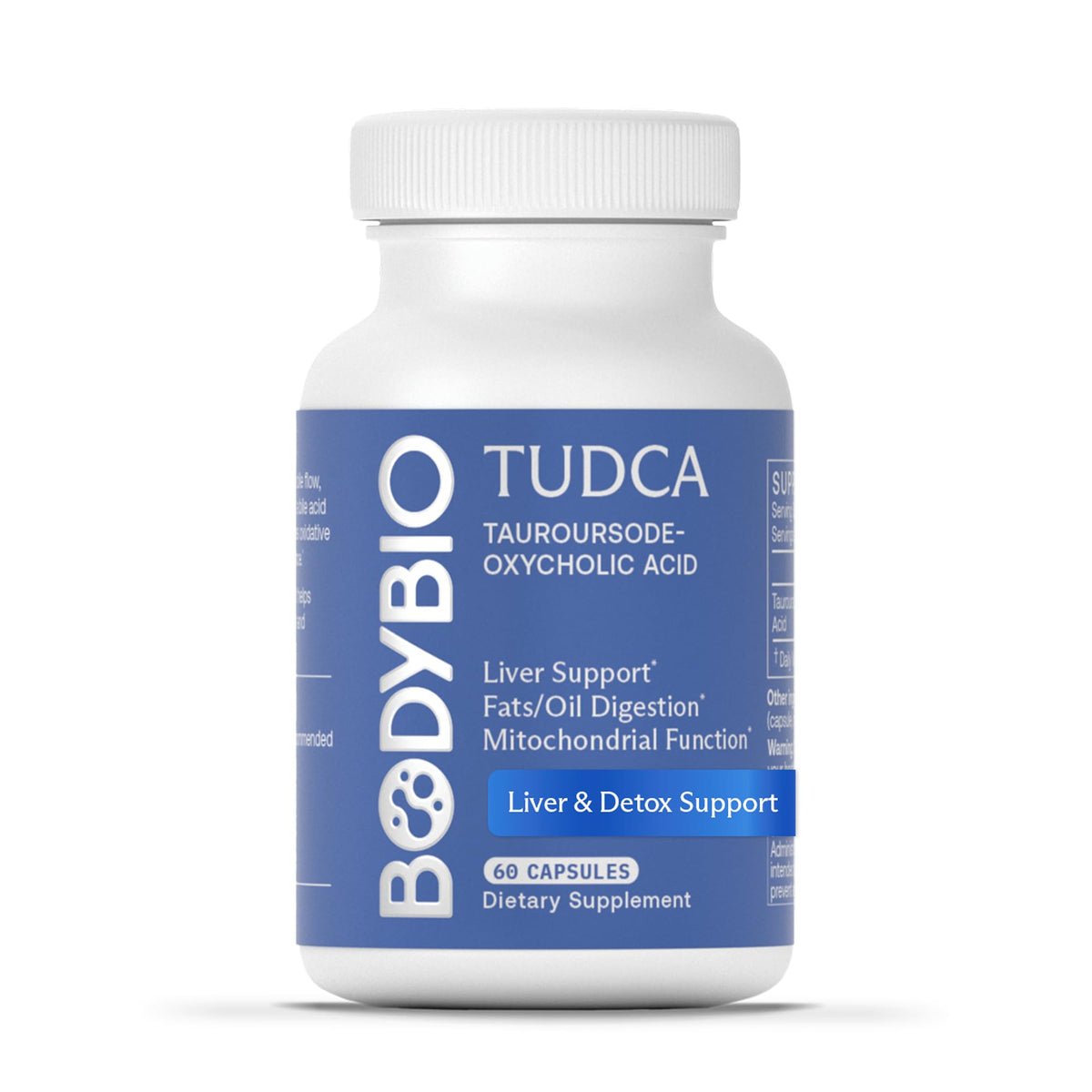 BodyBio TUDCA envase frontal mostrando diseño y dosis 250 mg, calidad clara