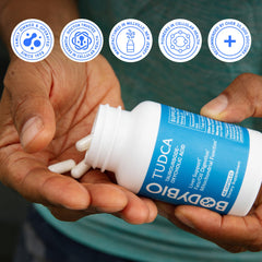 Comparación de tamaño de cápsula BodyBio TUDCA junto a moneda para escala