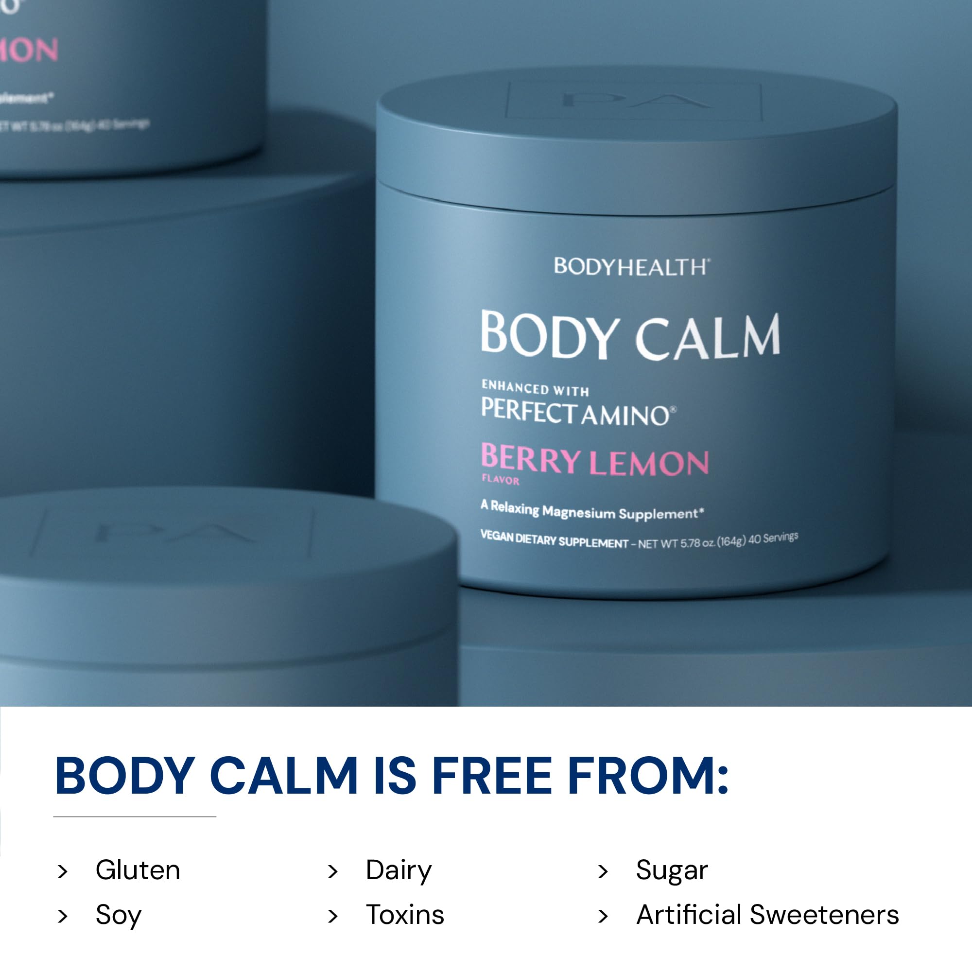 BodyHealth etiqueta de Body Calm mostrando ingredientes limpios