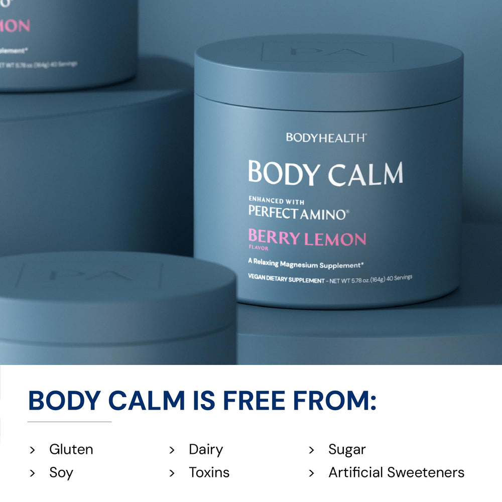BodyHealth etiqueta de Body Calm mostrando ingredientes limpios