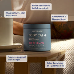 BodyHealth vaso con Body Calm Berry Lemon preparado, sabor refrescante