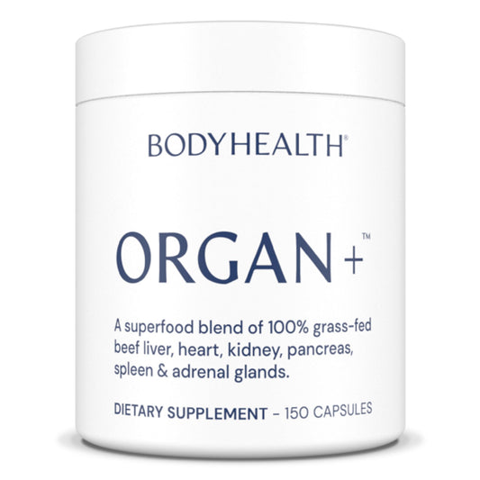 BodyHealth frasco front de Organ+ mostrando estética y practicidad