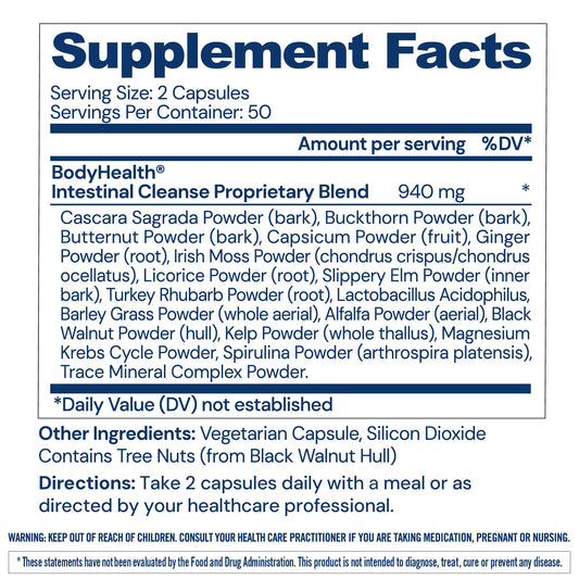 BodyHealth Intestinal Cleanse ingredients highlighting herbs and minerals for gut health