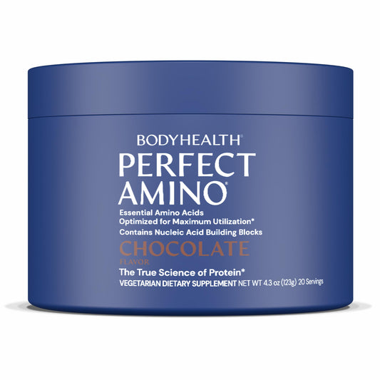 BodyHealth envase frontal PerfectAmino chocolate, presentación clara y beneficios