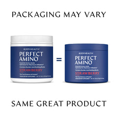 Escena lifestyle con BodyHealth PerfectAmino y fresas que sugiere sabor natural y frescura