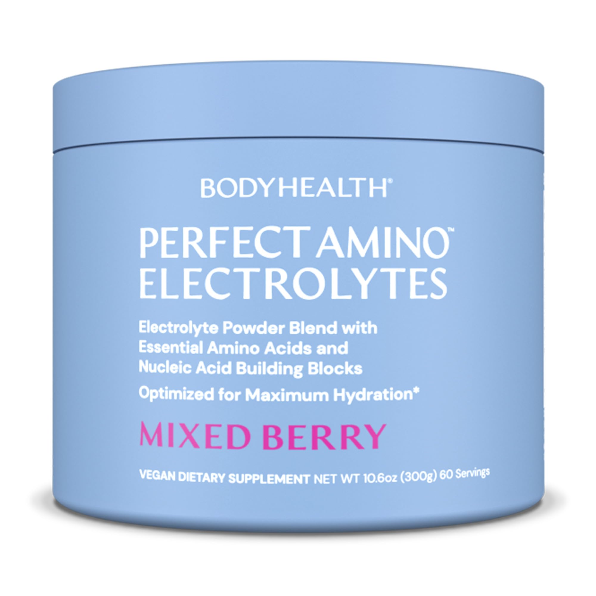 BodyHealth envase frontal mostrando 60 servicios y sabor Mixed Berry, claridad informativa