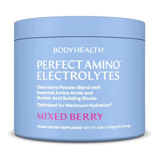 BodyHealth envase frontal mostrando 60 servicios y sabor Mixed Berry, claridad informativa