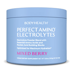 BodyHealth envase frontal mostrando 60 servicios y sabor Mixed Berry, claridad informativa