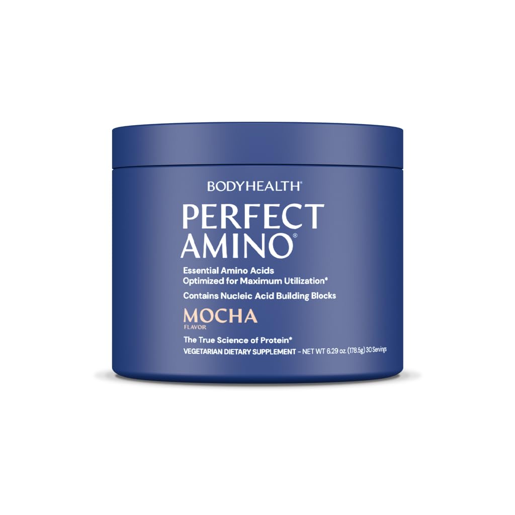 BodyHealth envase PerfectAmino mocha mostrando etiqueta y diseño, facilita identificación del producto