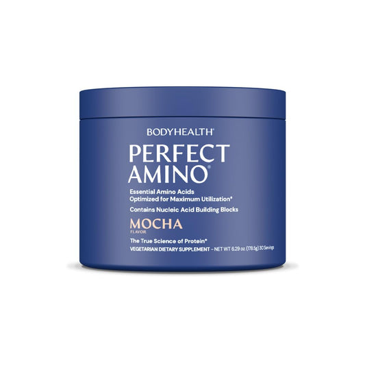 BodyHealth envase PerfectAmino mocha mostrando etiqueta y diseño, facilita identificación del producto