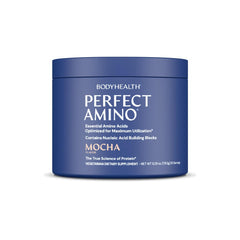 BodyHealth envase PerfectAmino mocha mostrando etiqueta y diseño, facilita identificación del producto