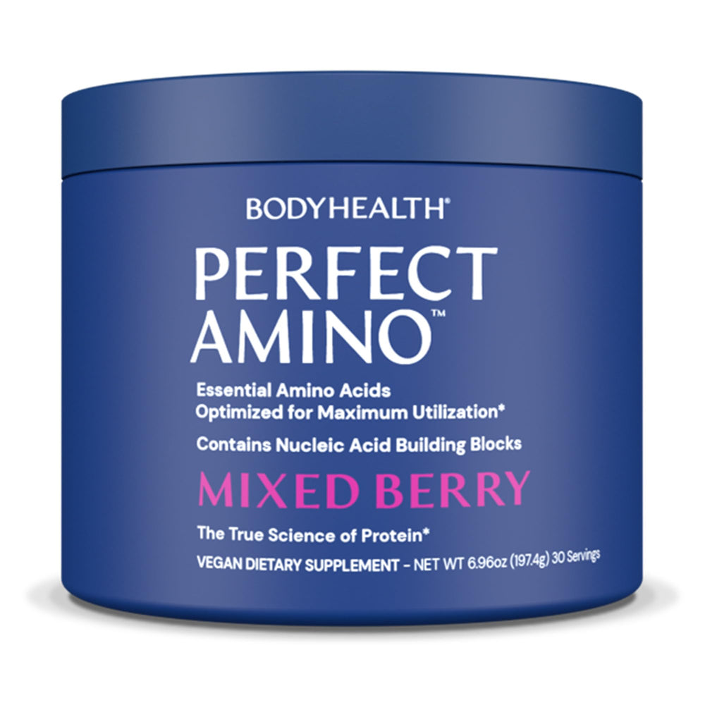 BodyHealth frasco PerfectAmino frente, presenta sabor frutos rojos y claridad de uso