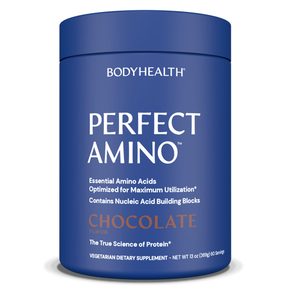 BodyHealth envase frontal de PerfectAmino chocolate mostrando 60 porciones y beneficios