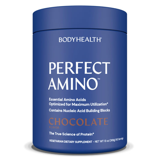 BodyHealth envase frontal de PerfectAmino chocolate mostrando 60 porciones y beneficios