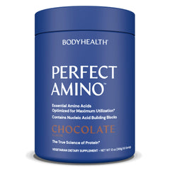 BodyHealth envase frontal de PerfectAmino chocolate mostrando 60 porciones y beneficios