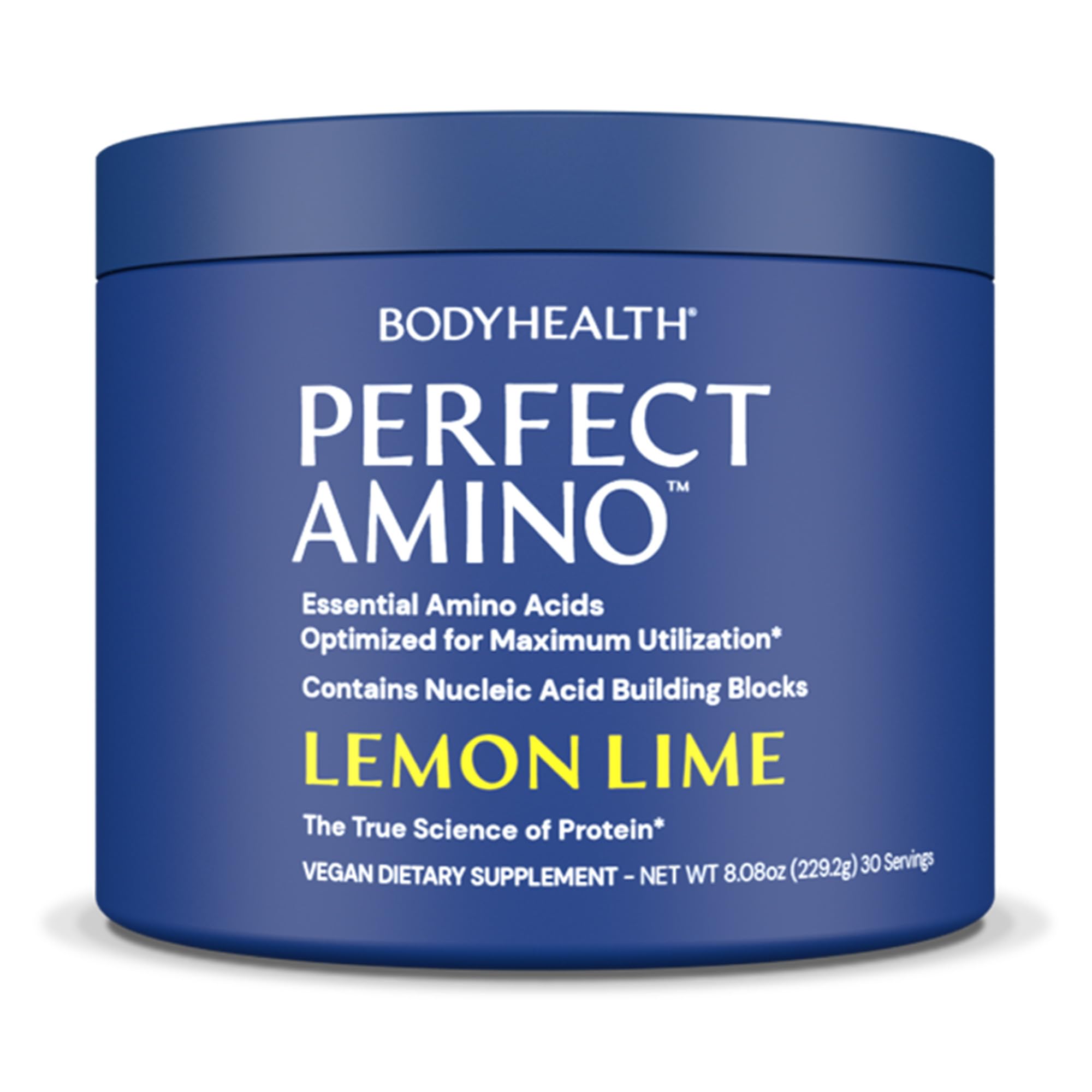 BodyHealth envase PerfectAmino limón-lima destacando tamaño y marca