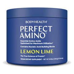 BodyHealth envase PerfectAmino limón-lima destacando tamaño y marca