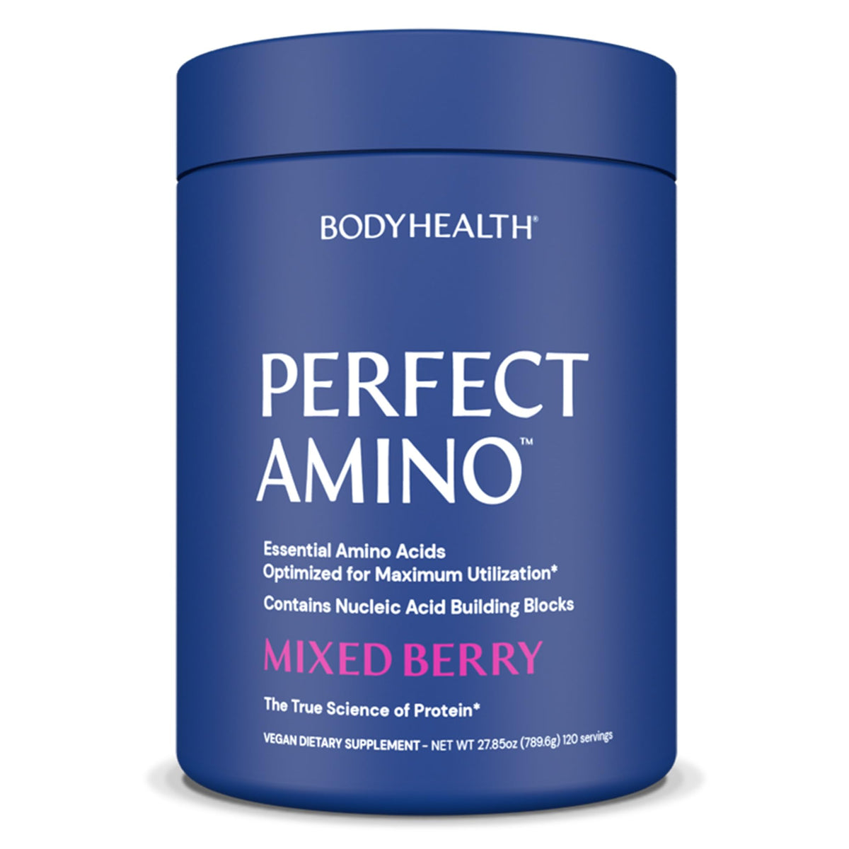 BodyHealth envase frontal PerfectAmino mostrando diseño y sabor Mixed Berry, claro beneficio visual